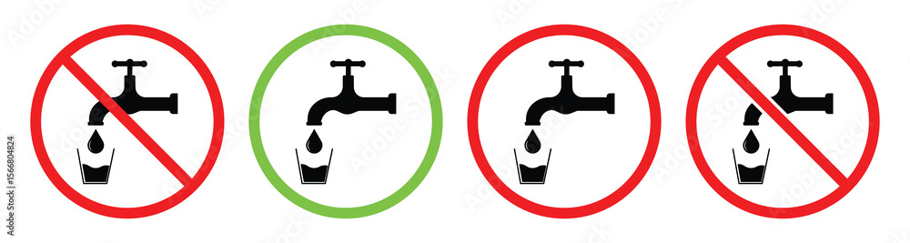 No Drinking Water Icon – Red Prohibition Sign with Faucet and Glass – Flat Vector Illustration. No Drinking Water Icon – Red Prohibition Sign with Faucet and Glass – Flat Vector Illustration.