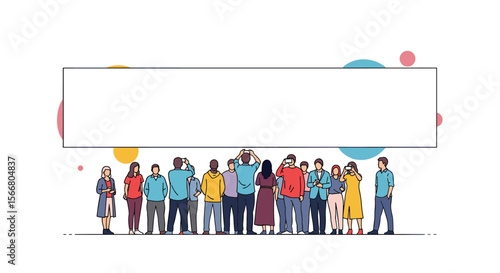 A diverse group of people standing together looking upwards towards a blank space for text ideas and concepts
