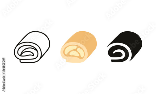 Minimalist swiss roll icons in black, white, and beige for culinary design
