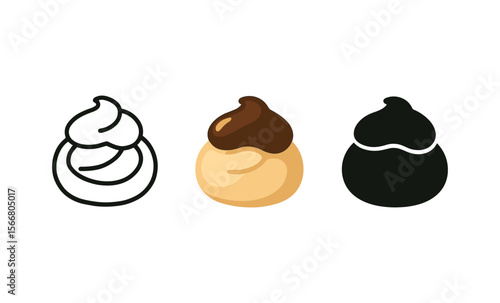 Trio of cream puffs: monochrome, chocolate, and dark silhouette icons