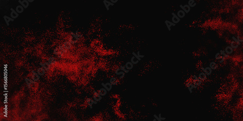 Red color powder explosion isolated on black background. Colorful dust explode. Paint Holi, dust particles splash. Network concept with spray. Futuristic technology element. 3D rendering.