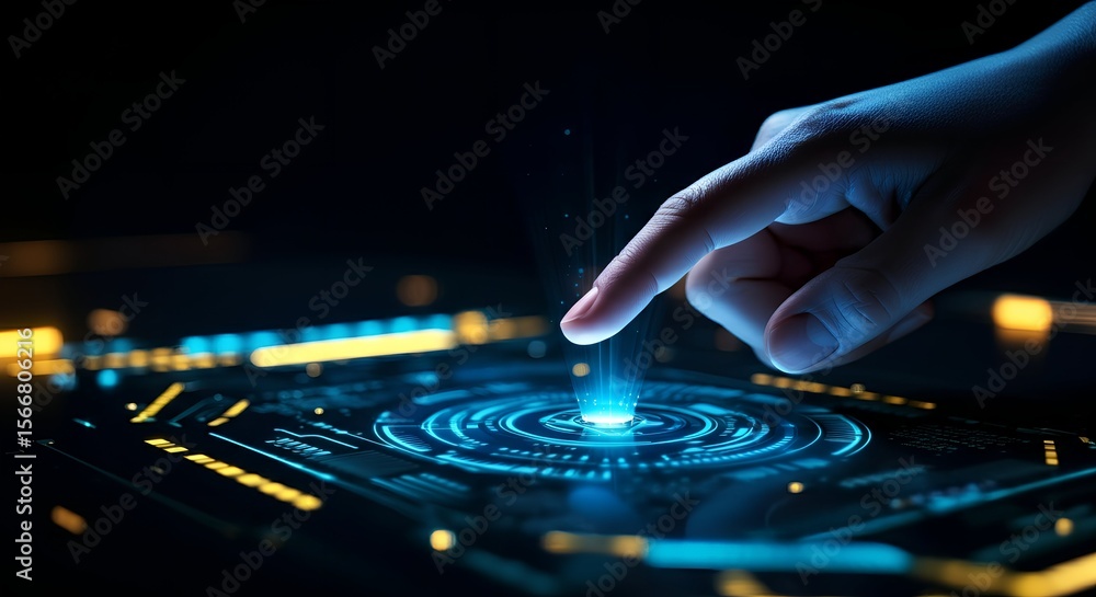 Obraz premium Interactive Holographic Technology Futuristic Interface Design and Human Interaction
