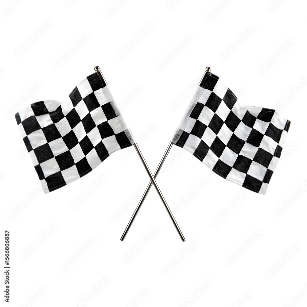 Fototapeta premium Two crossed checkered racing flags waving gently on silver poles isolated on transparent background