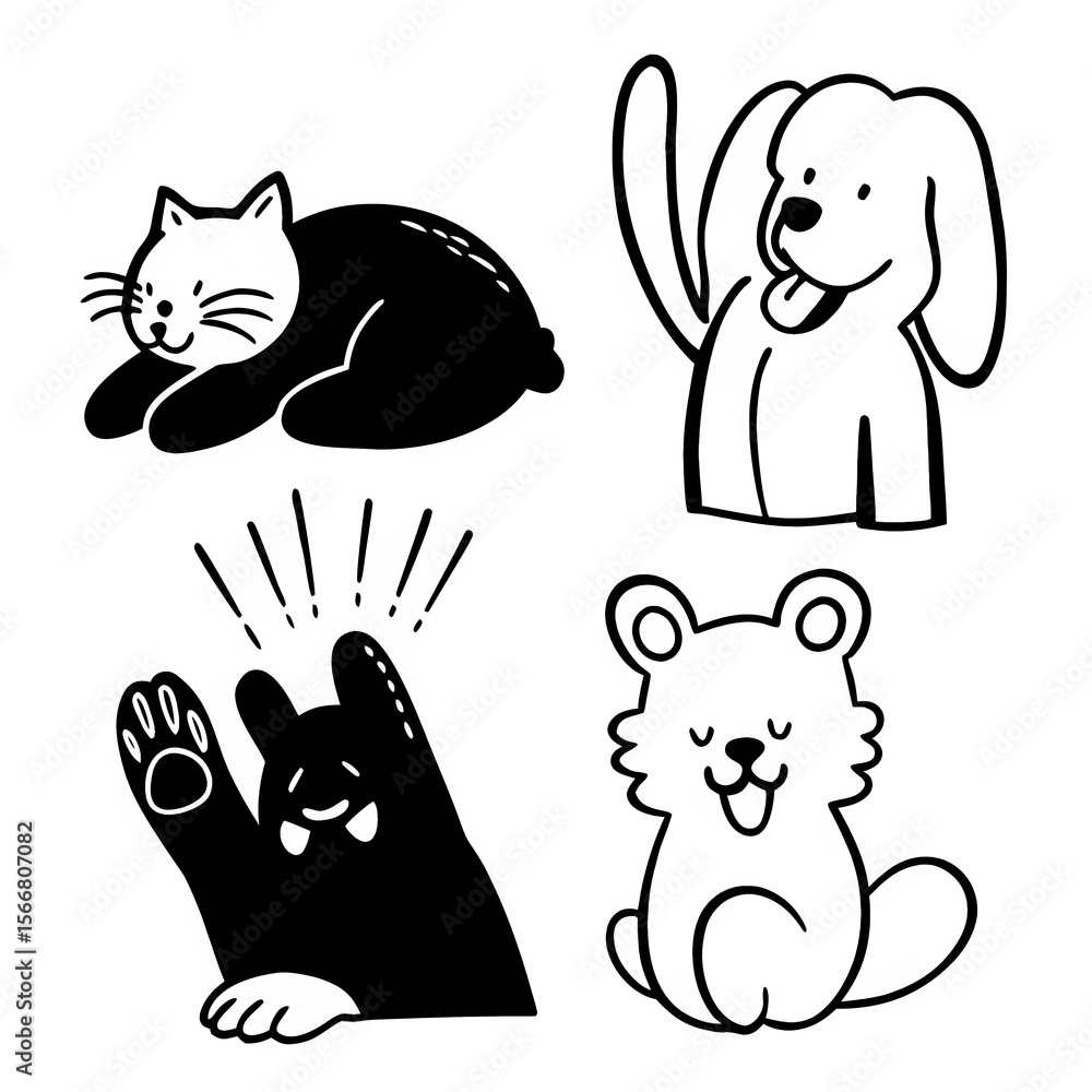 Obraz premium Silhouette Icons of Cute Animals in Action – Sleeping Kitten, Yawning Puppy, Bunny Eating Carrot, Bear Waving – Isolated on White for Kids Design