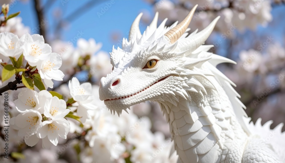 White dragon amidst cherry blossoms, serene and majestic White dragon amidst cherry blossoms, serene and majestic