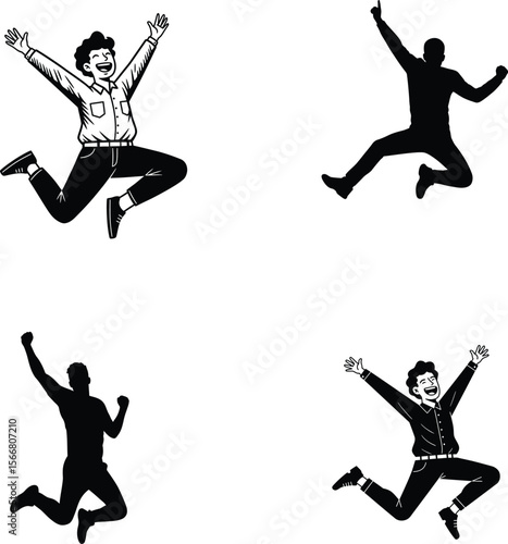 Silhouettes and Line Art of Happy People Jumping with Joy, vector, illustration, line art.