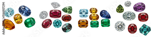 Colorful gemstones arranged in various shapes on white background  