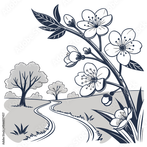 Cherry blossom tree with rural landscape isolated on white