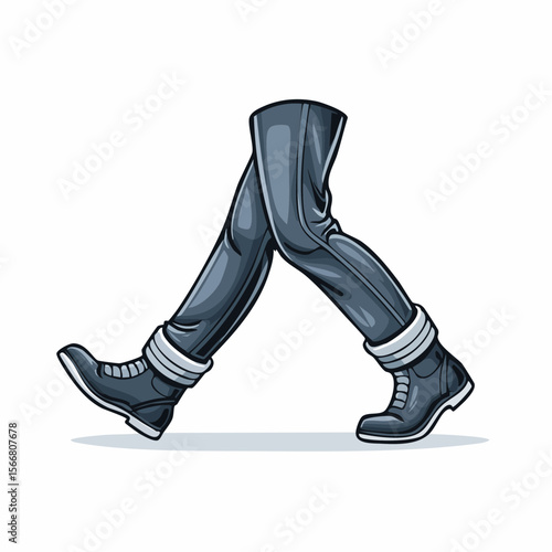 Walking Legs in Boots: Stylish legs striding forward in dark-wash jeans and classic leather boots.  A graphic illustration showcasing modern fashion and movement.