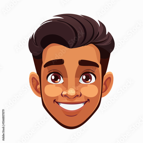Cheerful Avatar Portrait: An animated illustration of a smiling male face with warm skin tones and dark hair, exuding positivity and approachability. 