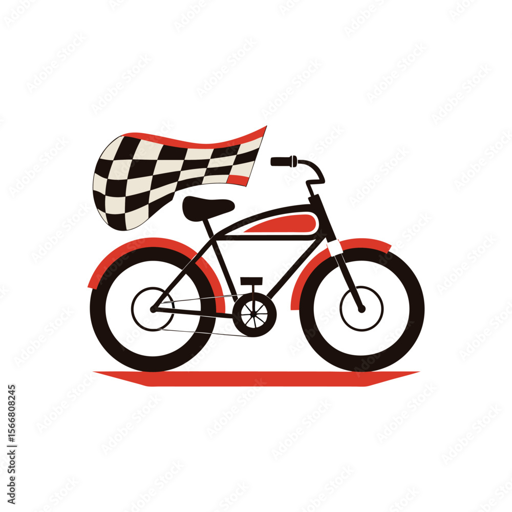 Fototapeta premium Retro 1960s Cruiser Bike Illustration with Speed Lines and Checkered Flag. Vintage Racing Style Vector Art for Print and Design