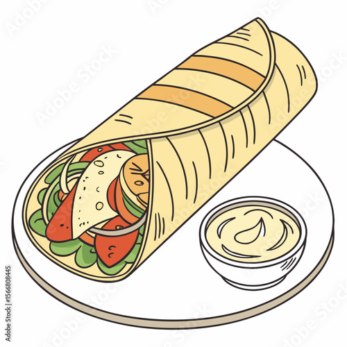 A shawarma wrap with sauce isolated on white background