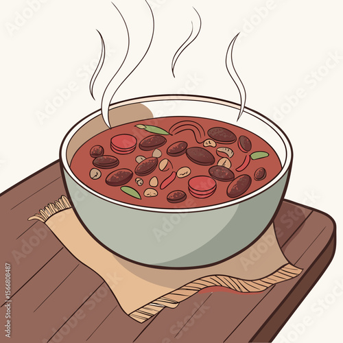 Bowl of hot chili with steam on a table