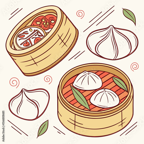 Dim sum in bamboo steamer isolated on white background