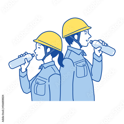 熱中症対策　リラックスした表情でペットボトルの水を飲む、作業服の女性と男性のイラスト