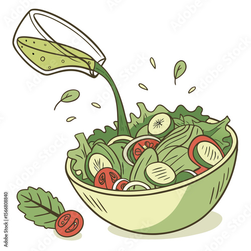 Salad with dressing isolated on white background
