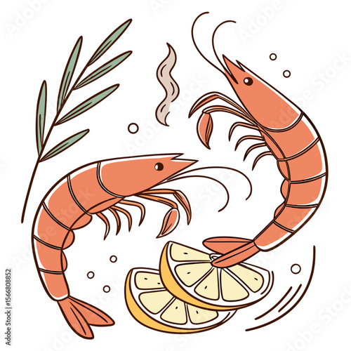 Two shrimps are served with lemon slices