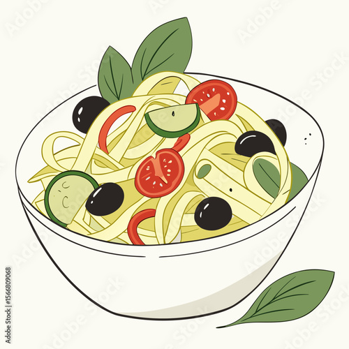 A bowl of pasta salad with vegetables and herbs