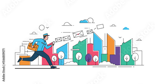 Express delivery man running through urban cityscape delivering package swiftly efficiently and safely to destination on time
