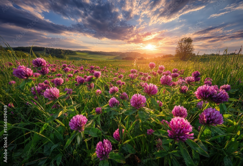 Fototapeta premium Idyllic Meadow Blooming Clover Field at Sunset with Vibrant Colors and Scenic Sky
