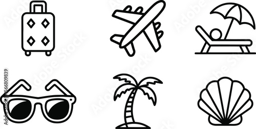 Travel and Vacation Outline Icons: Holiday Symbols for Tourism Designs