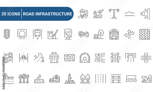 Road Infrastructure icon set in line or outline style. Includes bridge, tunnel, traffic light, pedestrian, parking, roundabout, public transport, and urban street elements. Editable stroke.