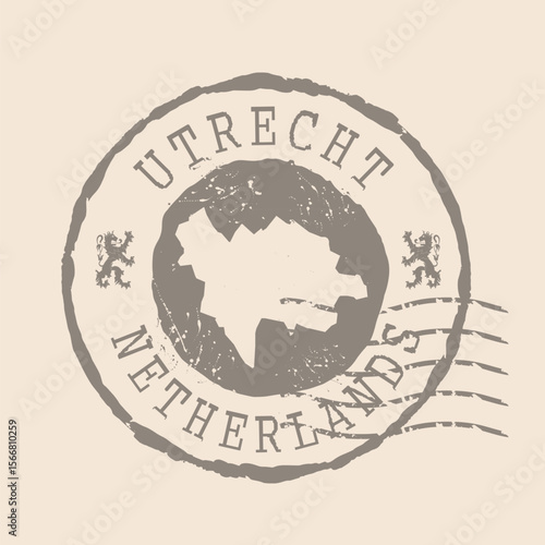 Stamp Postal of Utrecht is city of Netherlands . Map Silhouette rubber Seal.  Design Retro Travel. Seal  Map of Utrecht  grunge  for your design.  EPS10