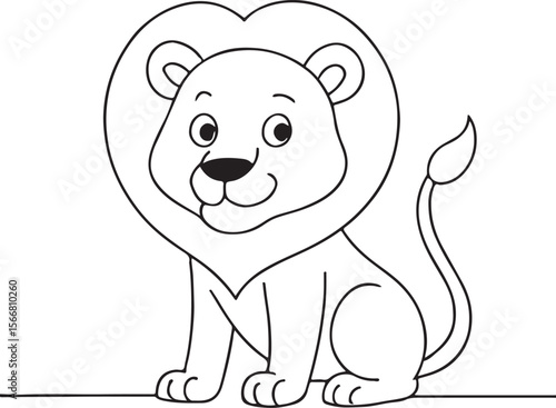 Cartoon lion illustration line drawing with fluffy mane on white background