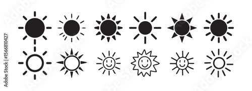  Sun Icons Set. Summer, Sunrise, and Weather Symbol Collection. Victor illustration eps 10