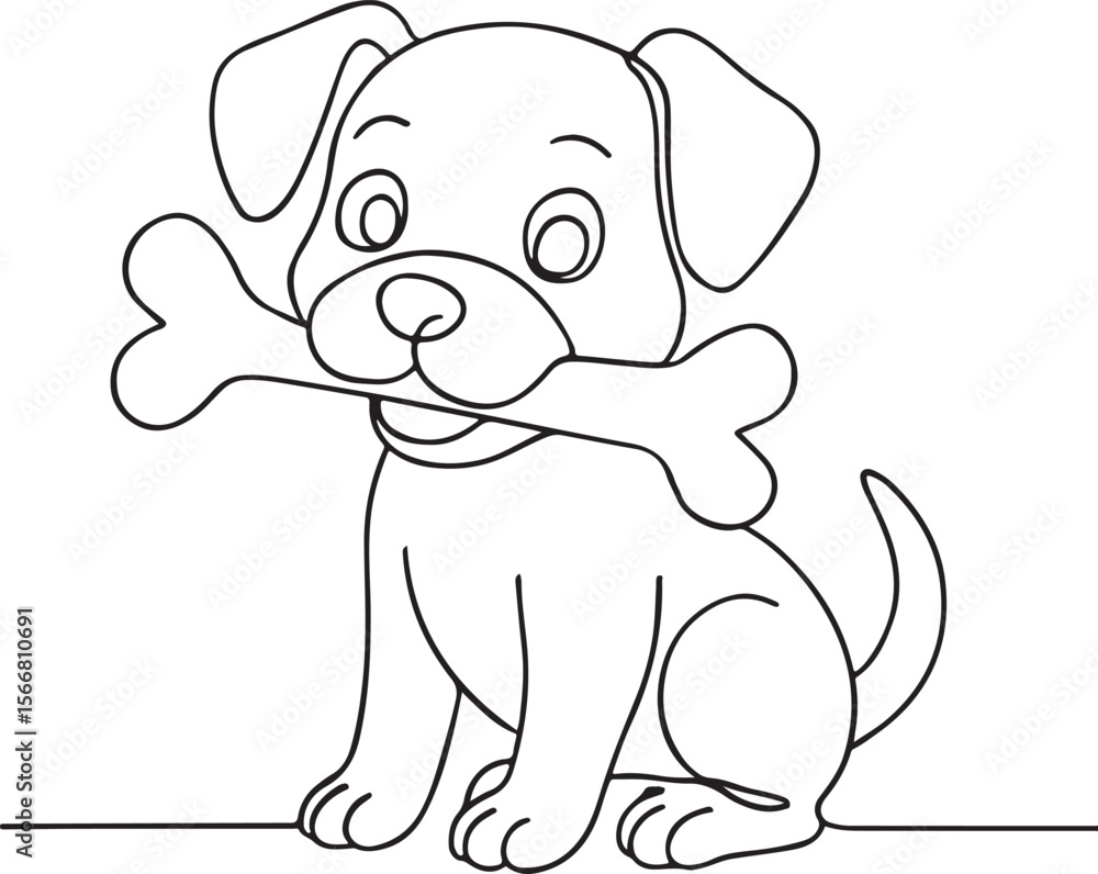 Fototapeta premium Dog holding bone in mouth outlined cartoon style vector art on white background