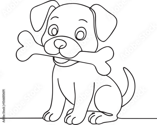 Dog holding bone in mouth outlined cartoon style vector art on white background