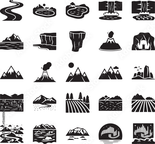 Collection of black and white landscape icons including mountains rivers volcanoes waterfalls and aurora borealis