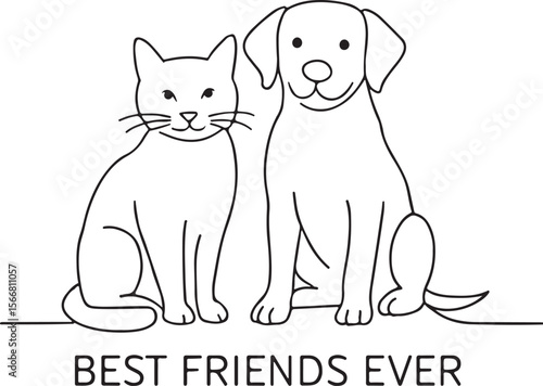 Best friends cat and dog line sketch together in cute cartoon style on white