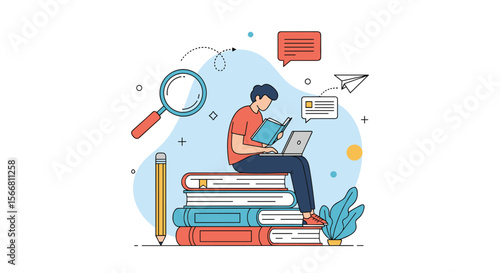 Young student learning on stack of books with magnifying glass and laptop educational concept illustration