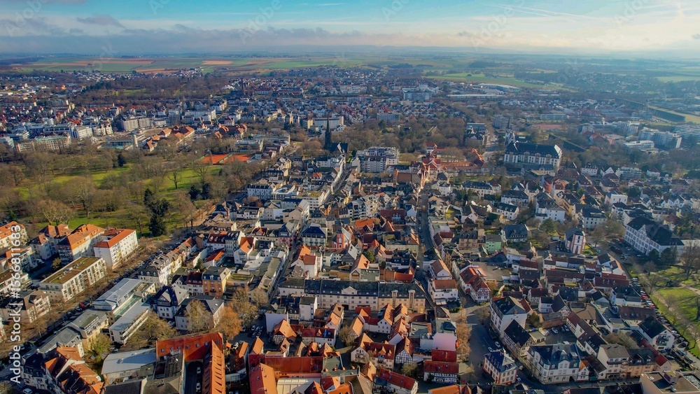 Fototapeta premium Aerial view of the downtown of the city Bad Nauheim, 61231 in Germany on a sunny noon in autumn