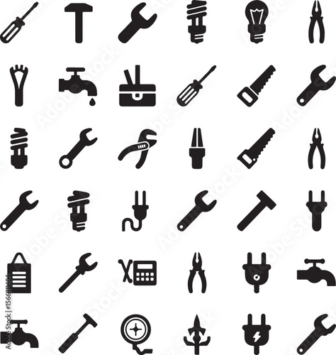 Collection of black silhouette icons representing tools and household items screwdriver