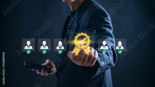 Fotografie HR approving quality candidate profiles through digital selection system to top