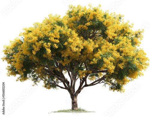 Beautiful mimosa tree with yellow flowers on a transparent background PNG