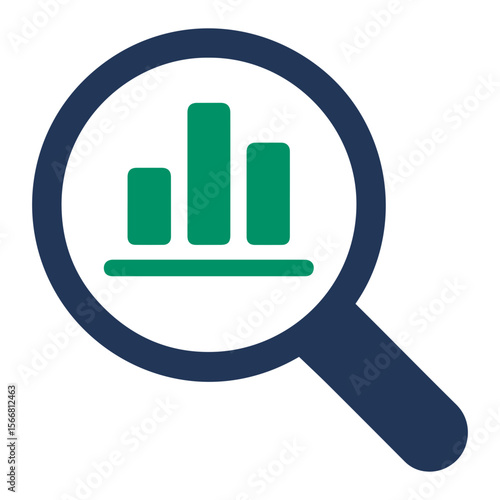 A magnifying glass showing a bar graph analysis with green bars on a white background space