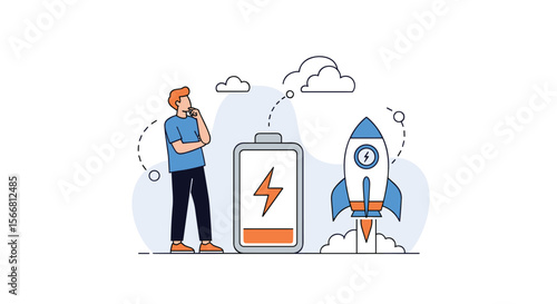 Man considering startup launch next to charging battery and rocket taking off inspiring ideas for innovation and growth