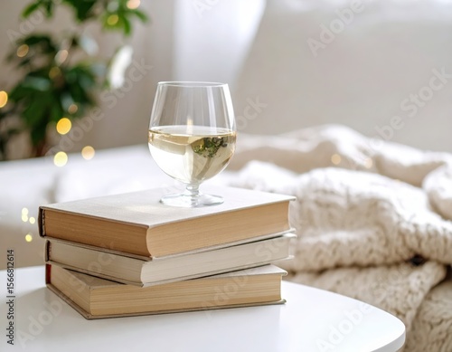 Glass of tea on books near a cozy blanket and fairy lights