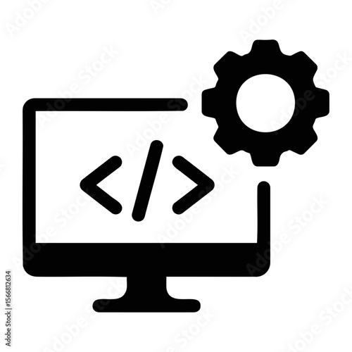 Illustration of a computer screen displaying coding symbols next to a gear icon in black color