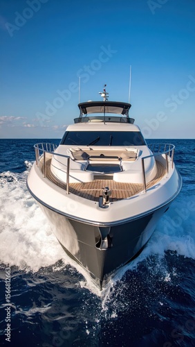 Front view of a sleek, white luxury vessel gliding through ocean waves
