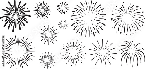 Wallpaper Mural Black and White Vector Silhouettes of Fireworks Explosions Various Sizes and Shapes Celebration Design Elements Graphic Art Torontodigital.ca