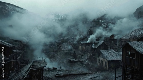 Misty mining town nestled in a valley, smoke rising from buildings