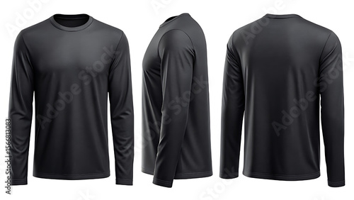 A long sleeve charcoal gray tshirt is shown from three different angles apparel mockup, garment visualisation, t shirt template, clothing presentation, fashion mockup