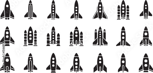 Collection of Black Rocket Ship Silhouettes Various Designs Spacecraft Icons Vector Illustration Set