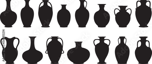Collection of Black Silhouette Vases Amphoras and Jugs Various Shapes and Sizes Vector Illustration