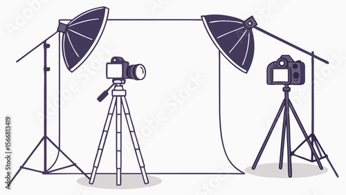 Print A Line Art Illustration of a Professional Photo Studio Setup with Camera and Lights