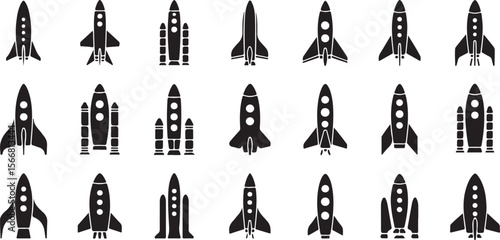 Collection of Twenty Black Space Rocket Silhouettes Vector Icons Various Designs Spacecraft Illustrations